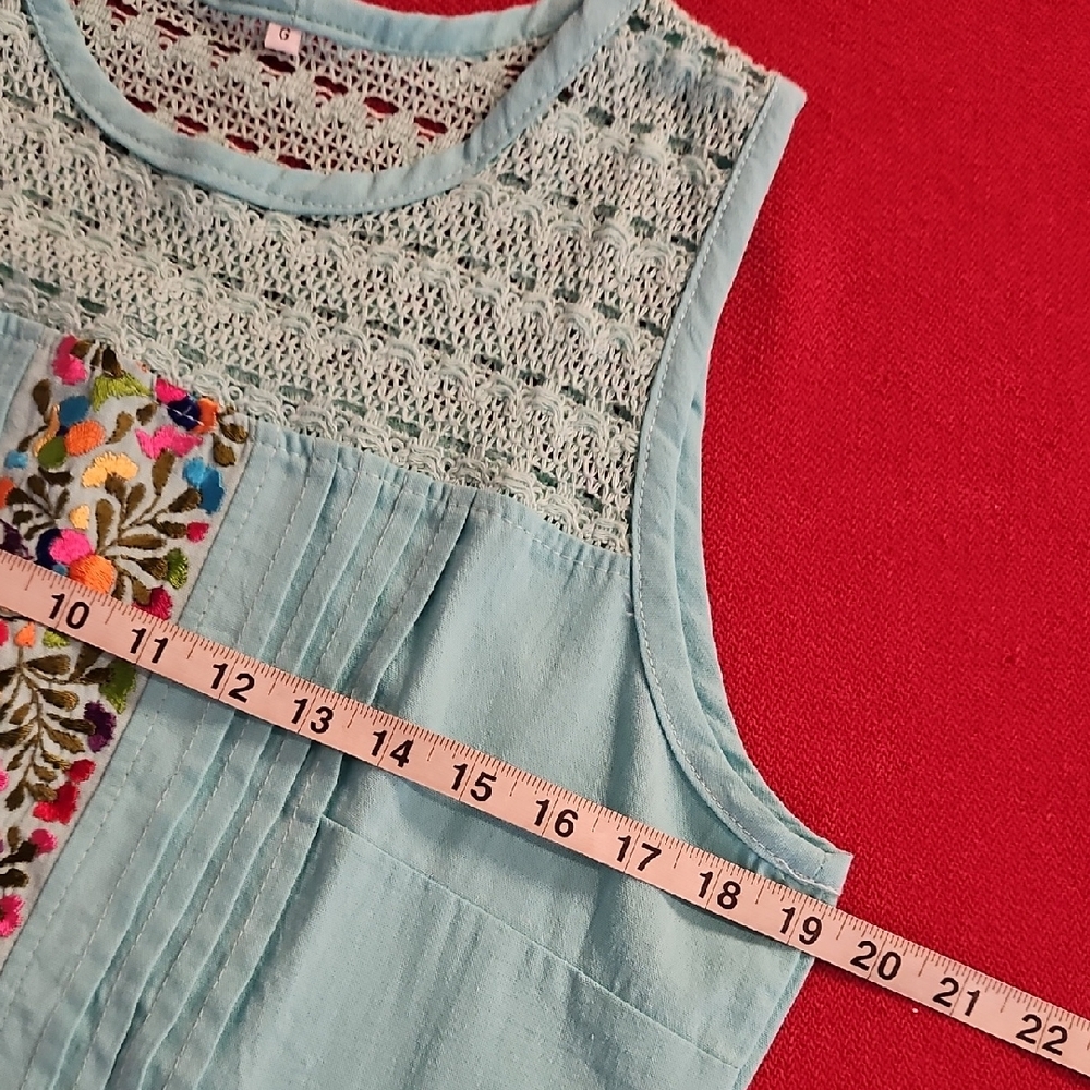 Light Teal blue embroidered Mexican Pattern Sleeveless Top Pintucks Lg. - Picture 3 of 6